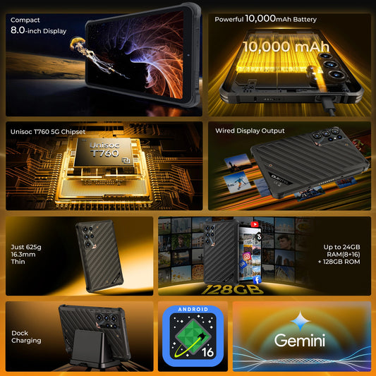 OUKITEL RT11 5G Rugged Tablet 8" Display 10000mAh Battery 16MP AI Camera Android 16(8GB+128GB)